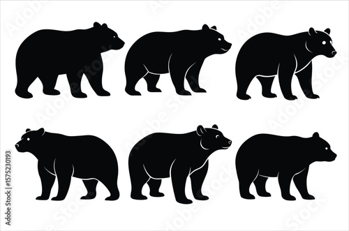 Polar bear silhouettes set,  Grizzly bear standing black silhouette logo vector design, Black bear standing icon vector art illustration graphic, Bear wildlife Art and  illustration