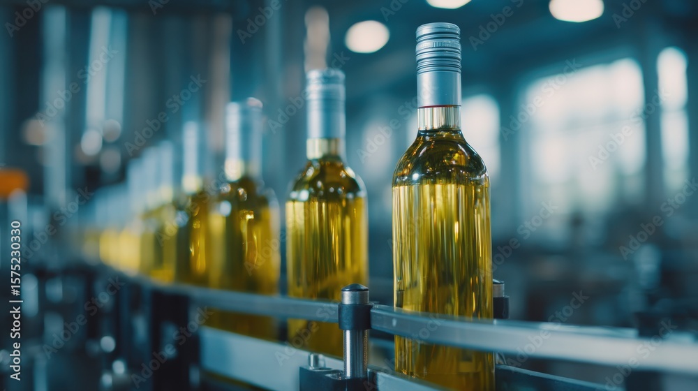 Close-up of wine bottling machine in action inside brightly lit modern factory with glass containers being filled. Close-up of wine bottling machine in action inside brightly lit modern factory with glass containers being filled.