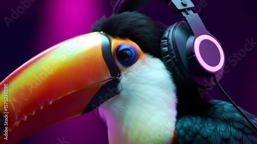 Toucan with Headphones in Neon Lighting
