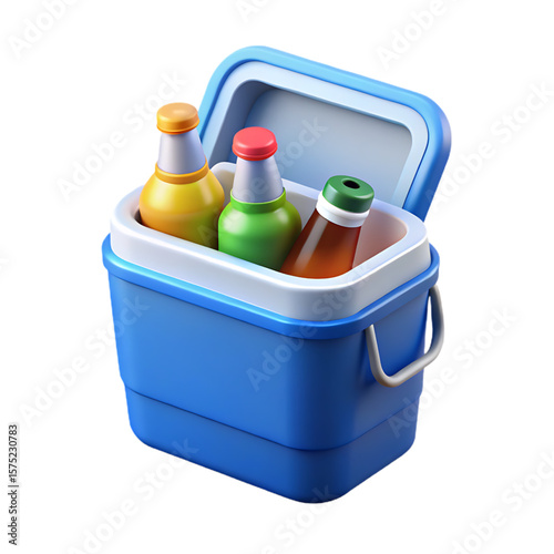 Blue Cooler with Colorful Bottles, Perfect for Refreshing Drinks