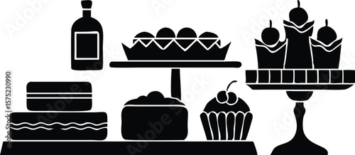 Assorted desserts and bottle silhouette cake cupcake