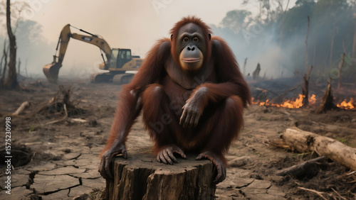 An orangutan sits on a tree stump amid a deforested, burning jungle with heavy smoke and excavators in the background, symbolizing habitat loss and environmental destruction.