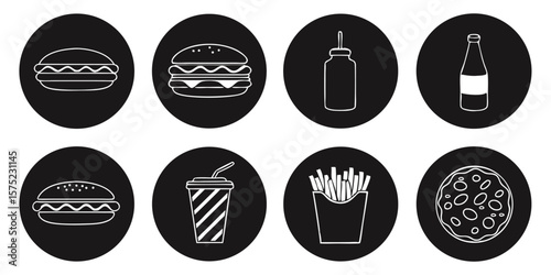 Black and white fast food icons hamburger cheeseburger