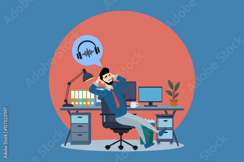 Businessman reclining in office chair, representing relaxation, stress relief, or a short break at work.