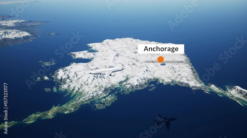 Airplane over Alaskan landscape with Anchorage highlighted.