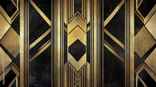 Art Deco-inspired geometric pattern with gold metallic accents on a dark, textured background featuring vertical stripes and diamond shapes