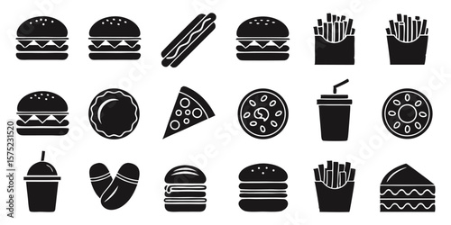 Black fast food icons burger hot dog