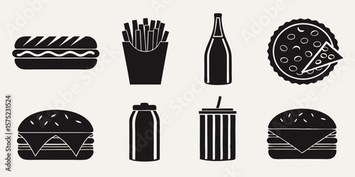 Black fast food icons burger fries drink pizza hamburger