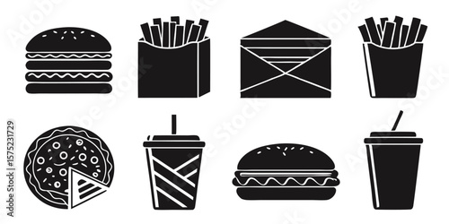 Black fast food icons hamburger french fries pizza drinks envelope