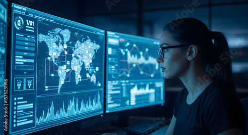 Cybersecurity Analyst Monitors Global Network Activity on Multiple Screens, Woman Focused on Data Analysis on Large Computer Displays in Dark Room