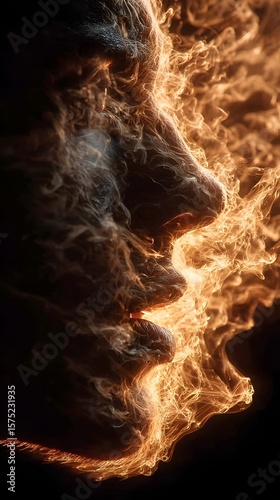 Ethereal Smoke Portrait Emphasizing Facial Features in Dark Setting