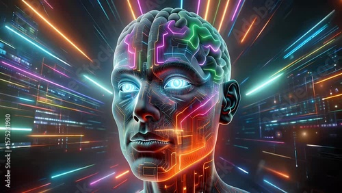 Futuristic AI Brain Interface, Data Streams, and Neural Network Concept