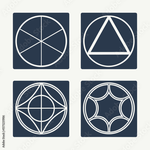 Four geometric emblems with white lines on dark blue background shapes symbols