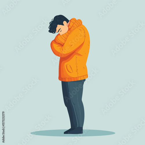 Heartbroken guy hugging himself. Loneliness, empathy, feeling lost, depression concept. Vector character illustration