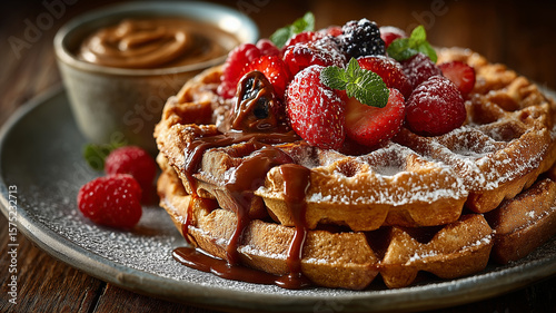 Delicious gluten free waffles topped with fresh berries and almond butter