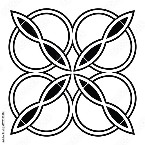 Interlocking circular shapes forming a symmetrical black and white pattern abstract circle