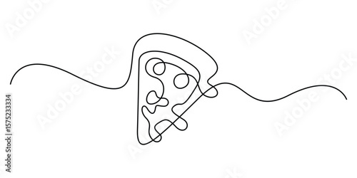 Continuous line drawing illustration of slice of pizza with pepperoni and mushrooms, Single line drawing of pizza slice. Vector illustration