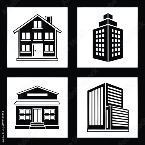 Modern building icons black and white residential commercial house skyscraper