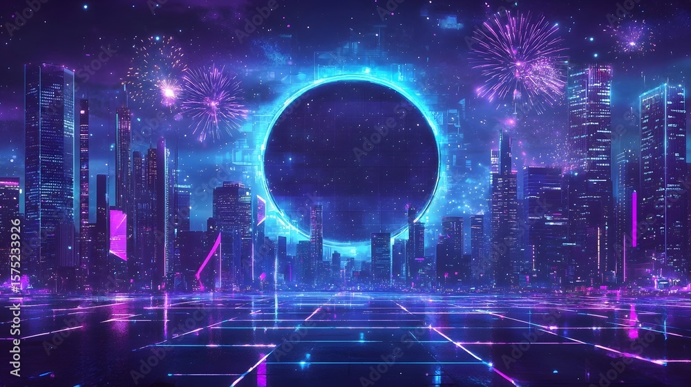 Fototapeta premium Dazzling Neon Cityscape with Vibrant Fireworks Display at Night