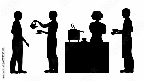 Silhouette of people serving tea and coffee at a counter with a beverage dispenser visible in the scene | editable eps vectors
