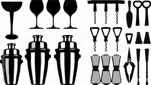 An illustration of various bar tools including glasses shakers and corkscrews in black and white style | editable eps vectors silhouette