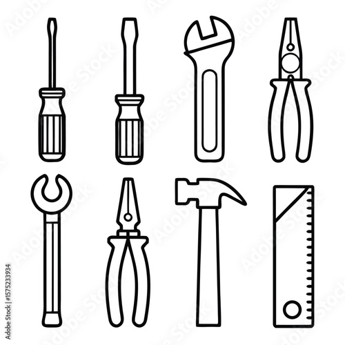 Screwdriver wrench pliers hammer ruler set vector