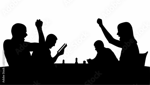 Silhouettes of people celebrating at a chess game with raised arms in a black and white illustration | editable eps vectors