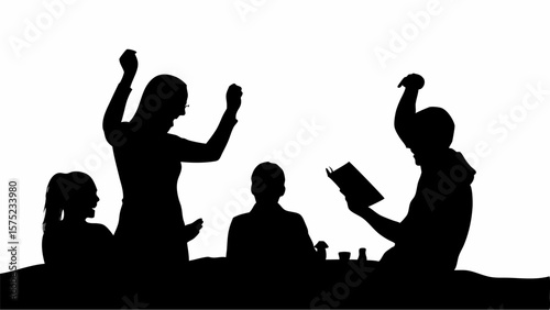 Silhouette of people gathered around a table with one person reading aloud and others celebrating | editable eps vectors