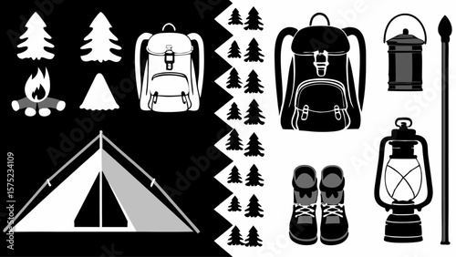 Illustration of camping equipment including a tent, backpack, trees, lantern, and campfire scene design | editable eps vectors silhouette