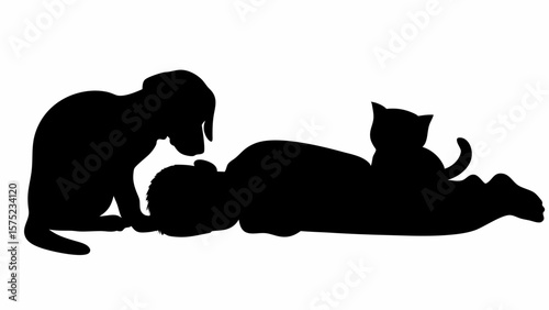 Silhouette of a person lying down with a cat on their back and a dog sitting nearby in black and white | editable eps vectors