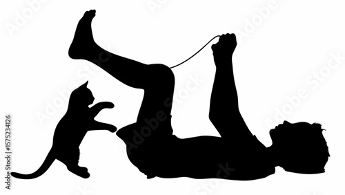 Silhouette of a person lying down playing with a cat using a string in a playful interaction | editable eps vectors