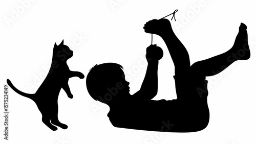 Silhouette of a child lying on their back playing with a string and a cat standing nearby watching him | editable eps vectors