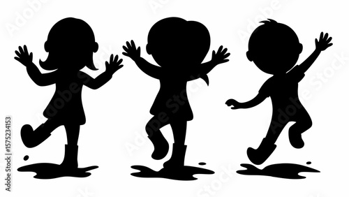 Silhouette of three children playing and splashing in puddles wearing rain boots having fun outdoors | editable eps vectors