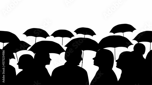 Silhouette of people under umbrellas in black and white creates a striking and moody atmosphere scene | editable eps vectors