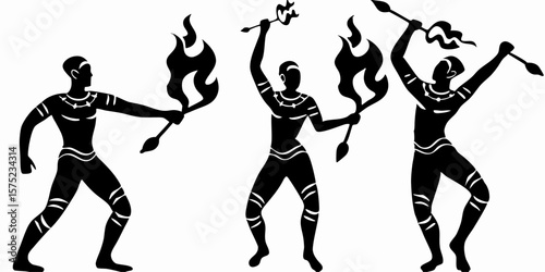 Three stylized figures in black holding torches and spears with tribal markings dancing around fire | editable eps vectors silhouette