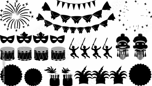 Illustration of carnival elements including masks drums dancers and festive decorations for celebration | editable eps vectors silhouette