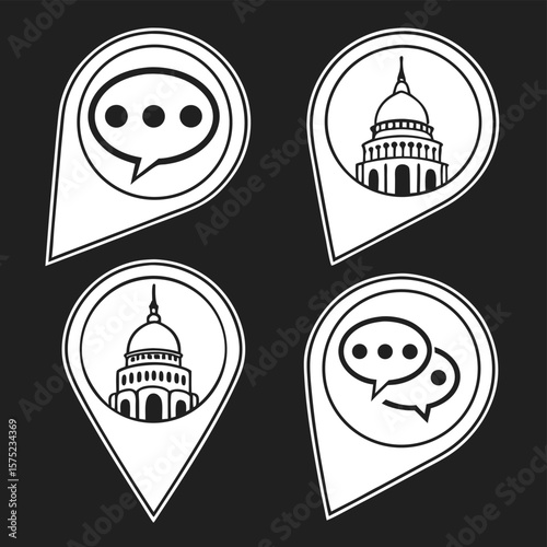 Map markers with icons on dark background
