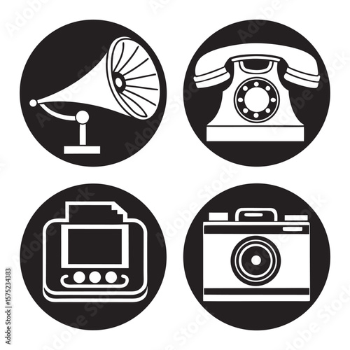 Vintage gramophone rotary telephone camera and printer icons vector