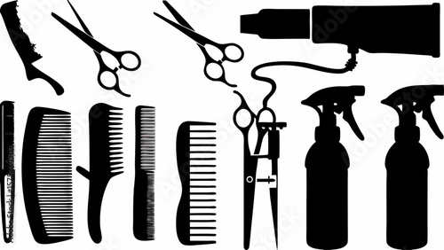 Illustration of various hairstyling tools including combs scissors hair dryer and spray bottles in black | editable eps vectors silhouette