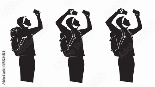 Three silhouettes of hikers with backpacks looking up while holding cameras in their hands above heads | editable eps vectors