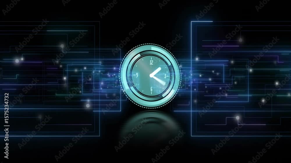 Outline emerging revealing teal clock icon rotating hand glowing circuitry marking passage of time