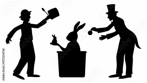 Silhouette of two magicians performing a magic trick with a rabbit in a hat on a white background | editable eps vectors