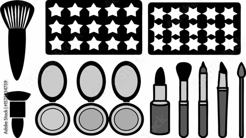 Illustration of makeup brushes compacts lipstick and star patterns on a white background scene view | editable eps vectors silhouette