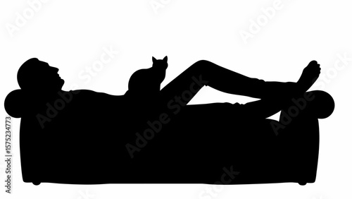 Silhouette of a person lying on a couch with a cat sitting on them in a relaxed position indoors | editable eps vectors