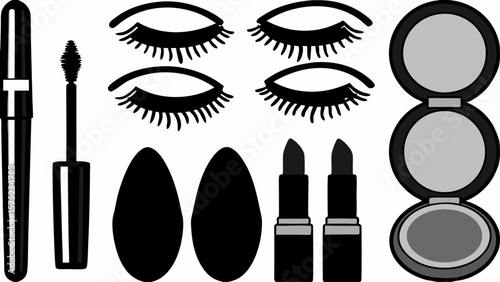 Illustration of beauty products including mascara, eyeshadow, sponges, lipstick and compact mirror case | editable eps vectors silhouette