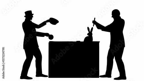 Two magicians performing a rabbit trick with a hat and wand on a table in silhouette style art | editable eps vectors