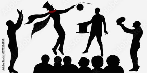 Silhouette illustration of a magician performing tricks for an audience in black and white style | editable eps vectors