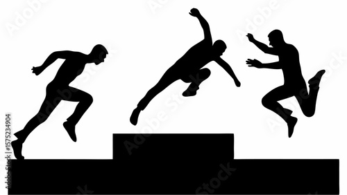 Silhouettes of three men jumping over a block in different poses against a white background image | editable eps vectors