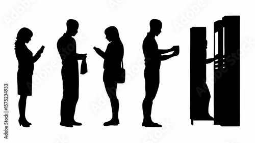 Silhouettes of people standing in a line at an atm machine waiting their turn to withdraw cash money | editable eps vectors