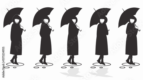 Silhouettes of people in raincoats with umbrellas standing in puddles on a white background design | editable eps vectors